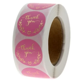 Thank You Stickers Pink with Laurel Leaf 500 Pack